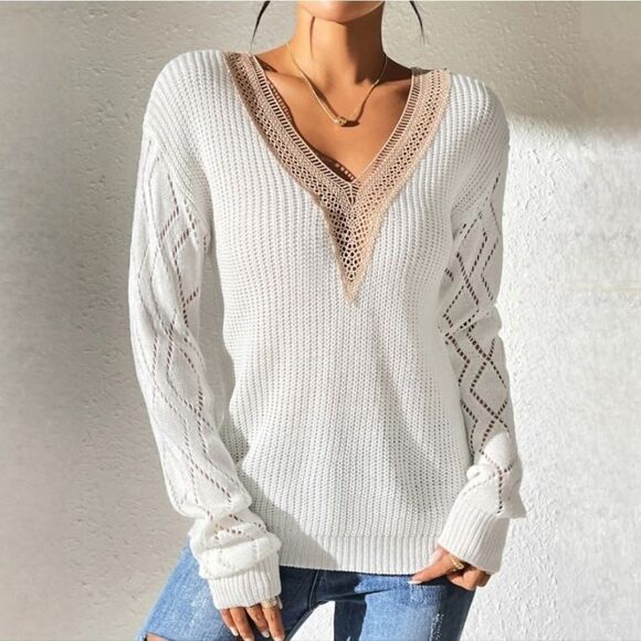 Mirol Women's Ivory Openwork V-Neck Long Sleeve Sweater - Picture 1 of 16